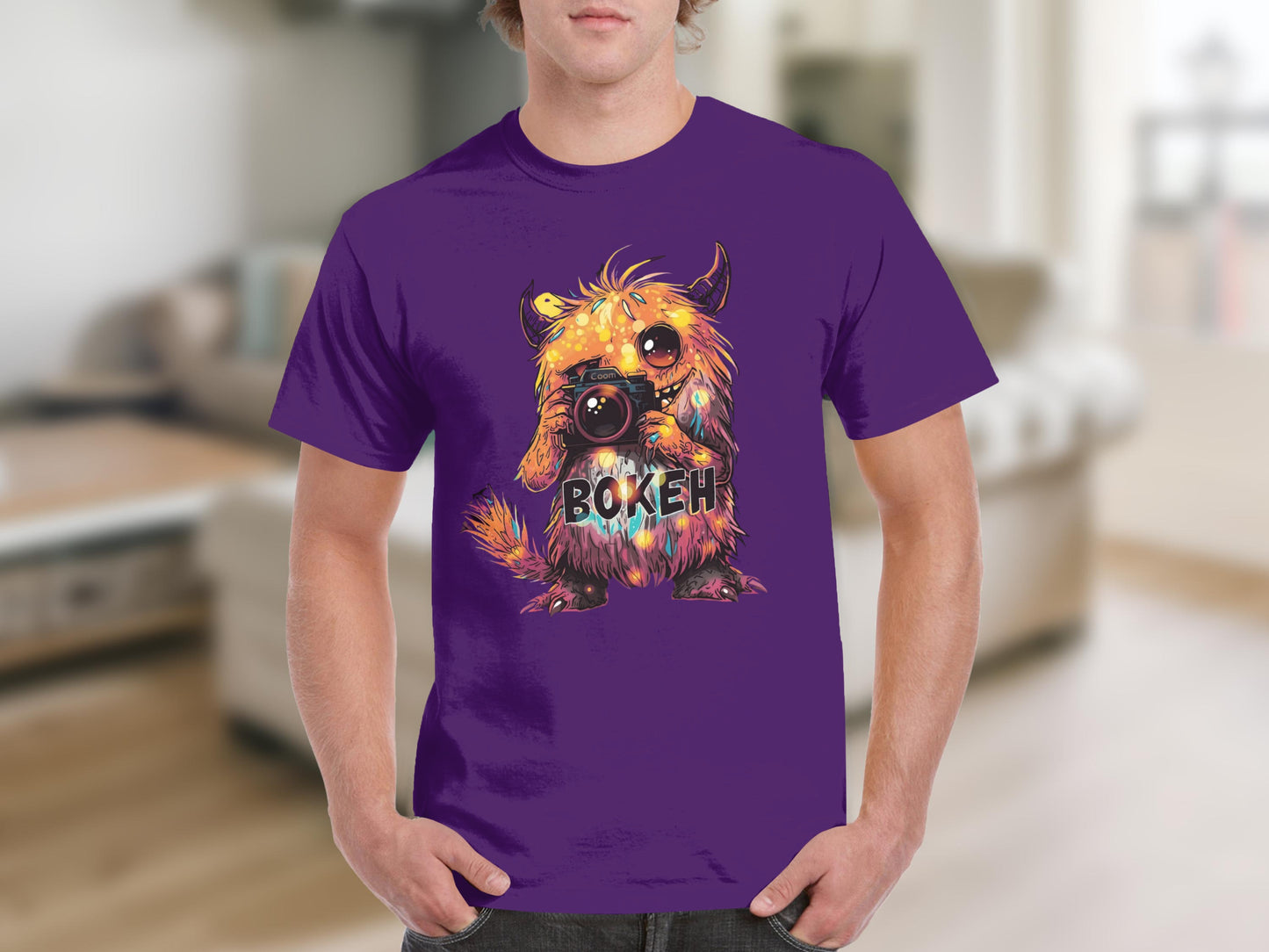Colorful Cartoon Dog with Camera Bokeh T-Shirt