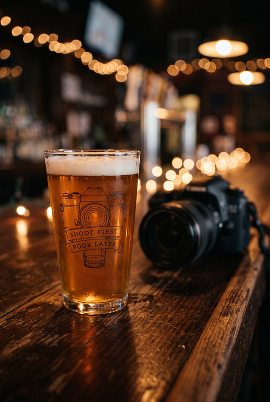 Shoot First Pour Later pint glass, lifestyle