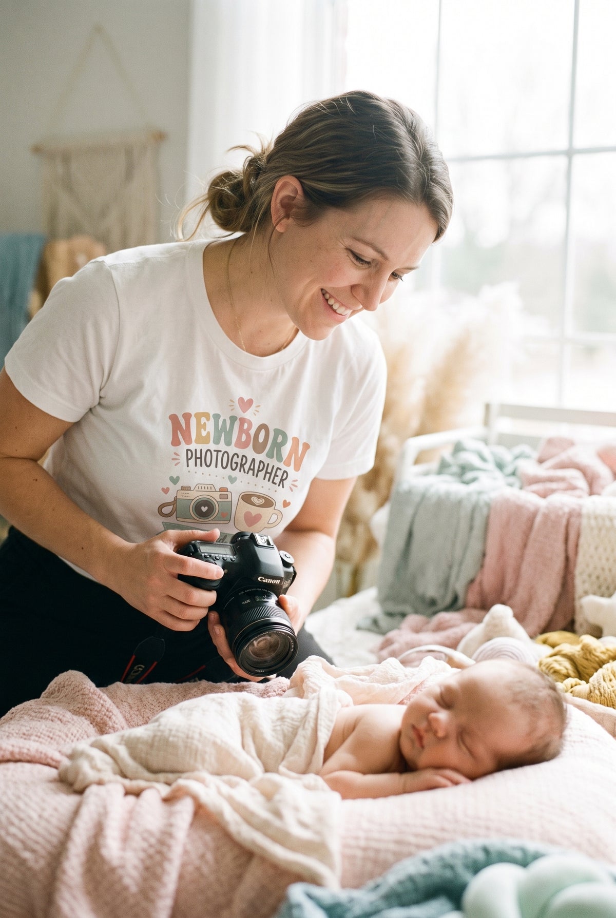 Newborn Photographer tee worn in a studio, lifestyle