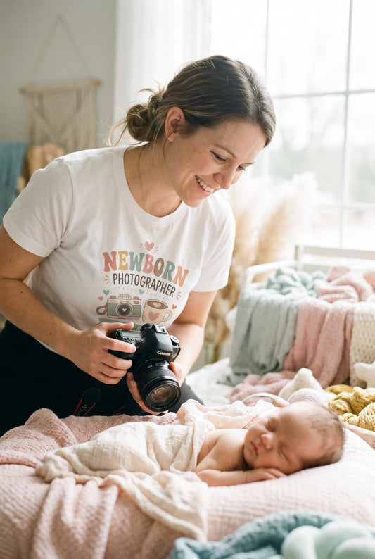 Newborn Photographer tee worn in a studio, lifestyle