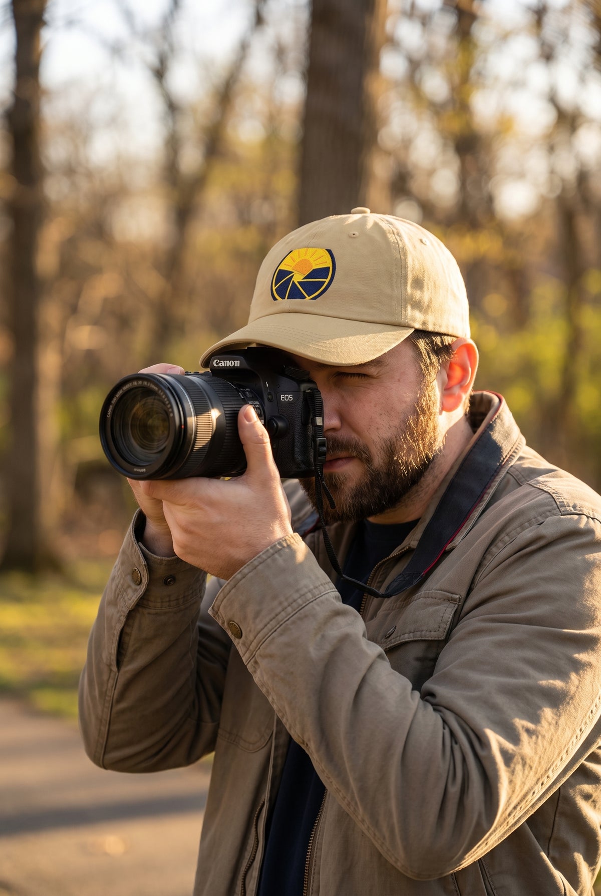 Shutter Sun Emblem dad cap worn by a photographer, lifestyle