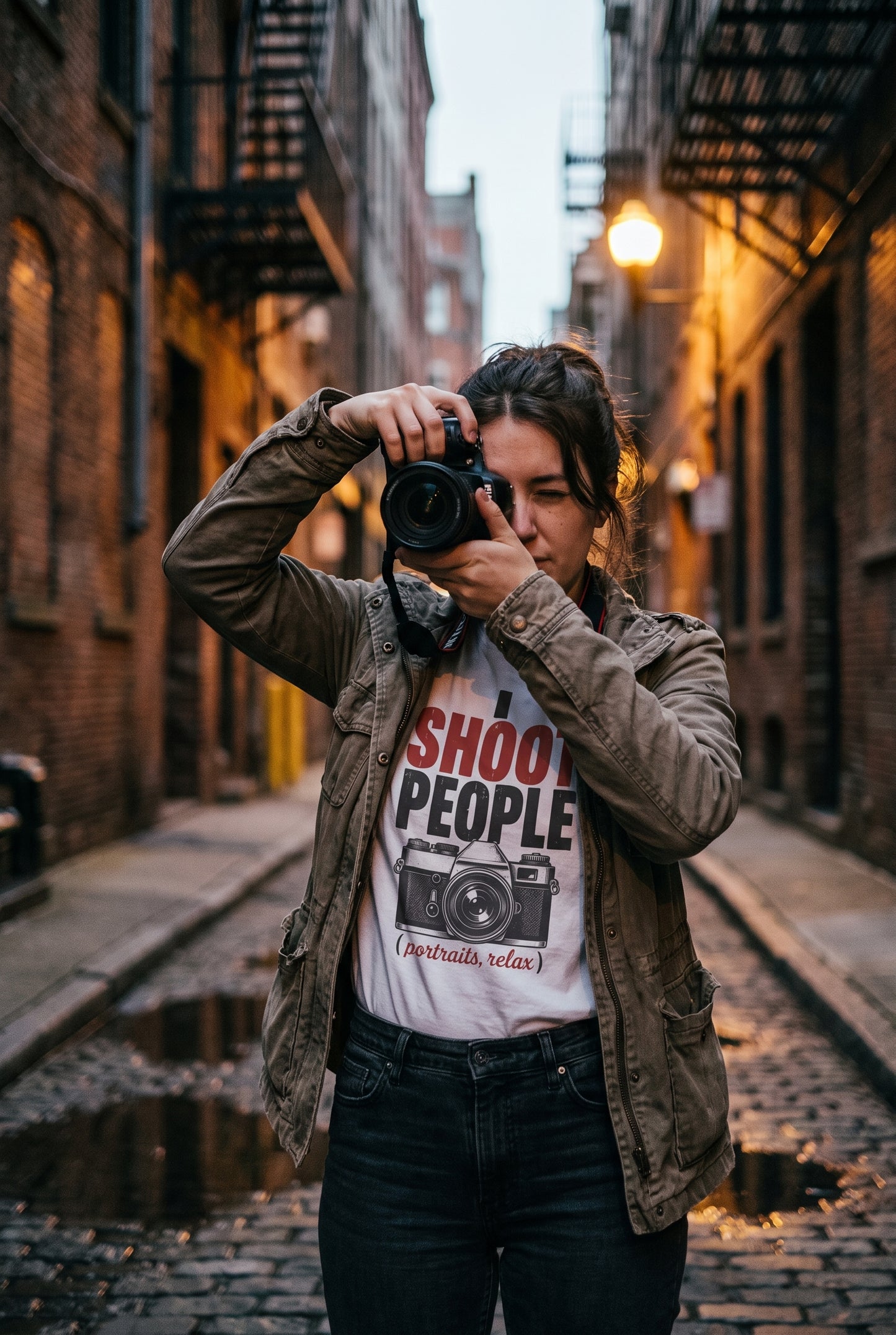 I Shoot People tee worn on a street, lifestyle