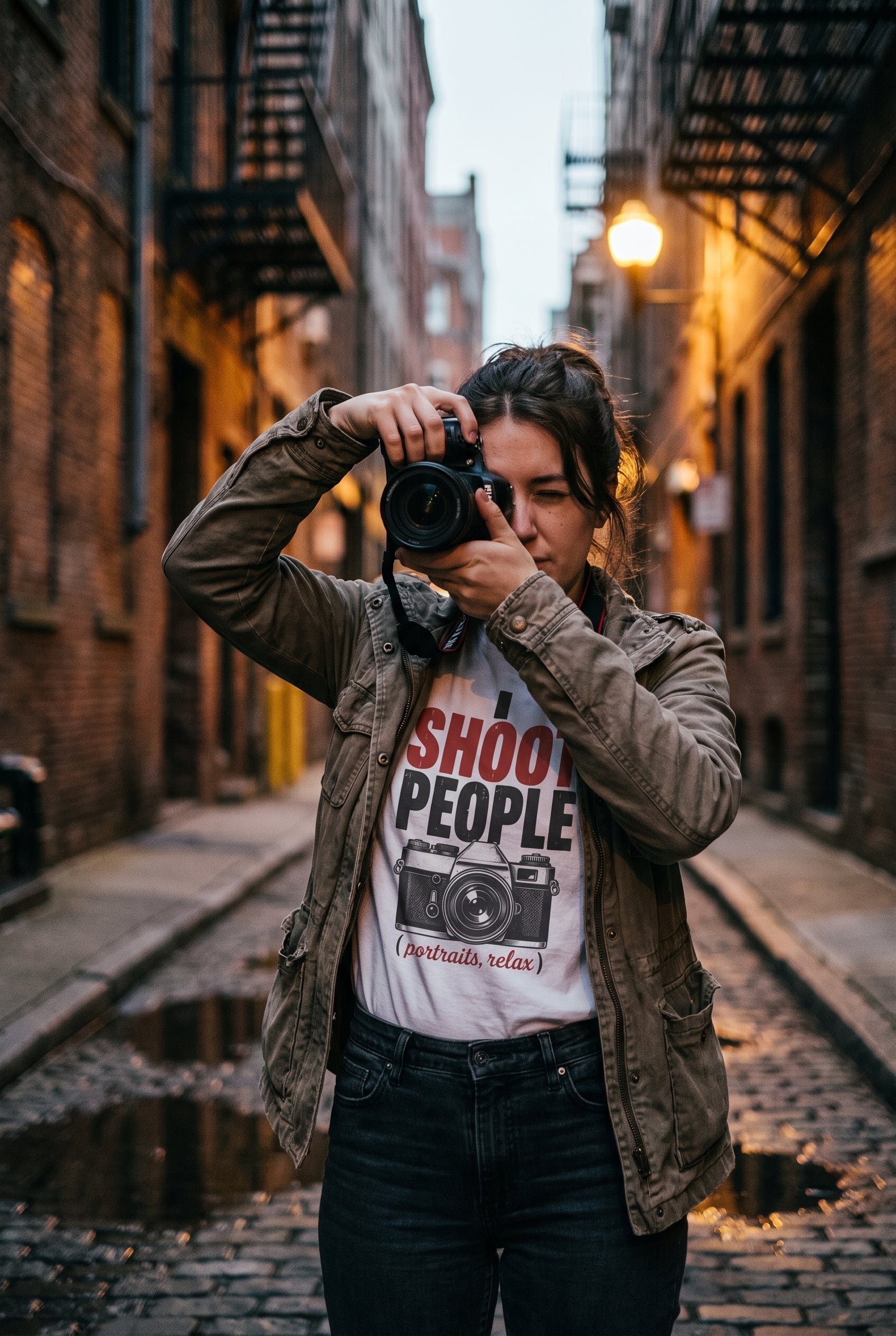 I Shoot People tee worn on a street, lifestyle
