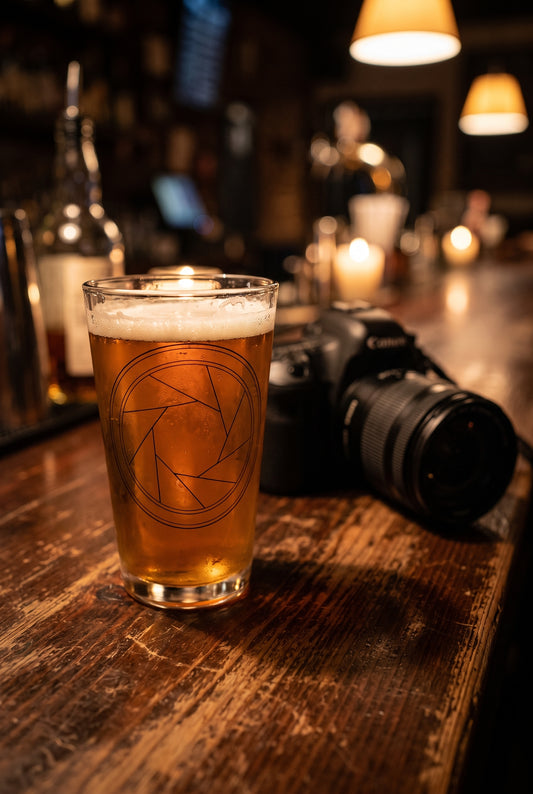 Camera Aperture pint glass, lifestyle