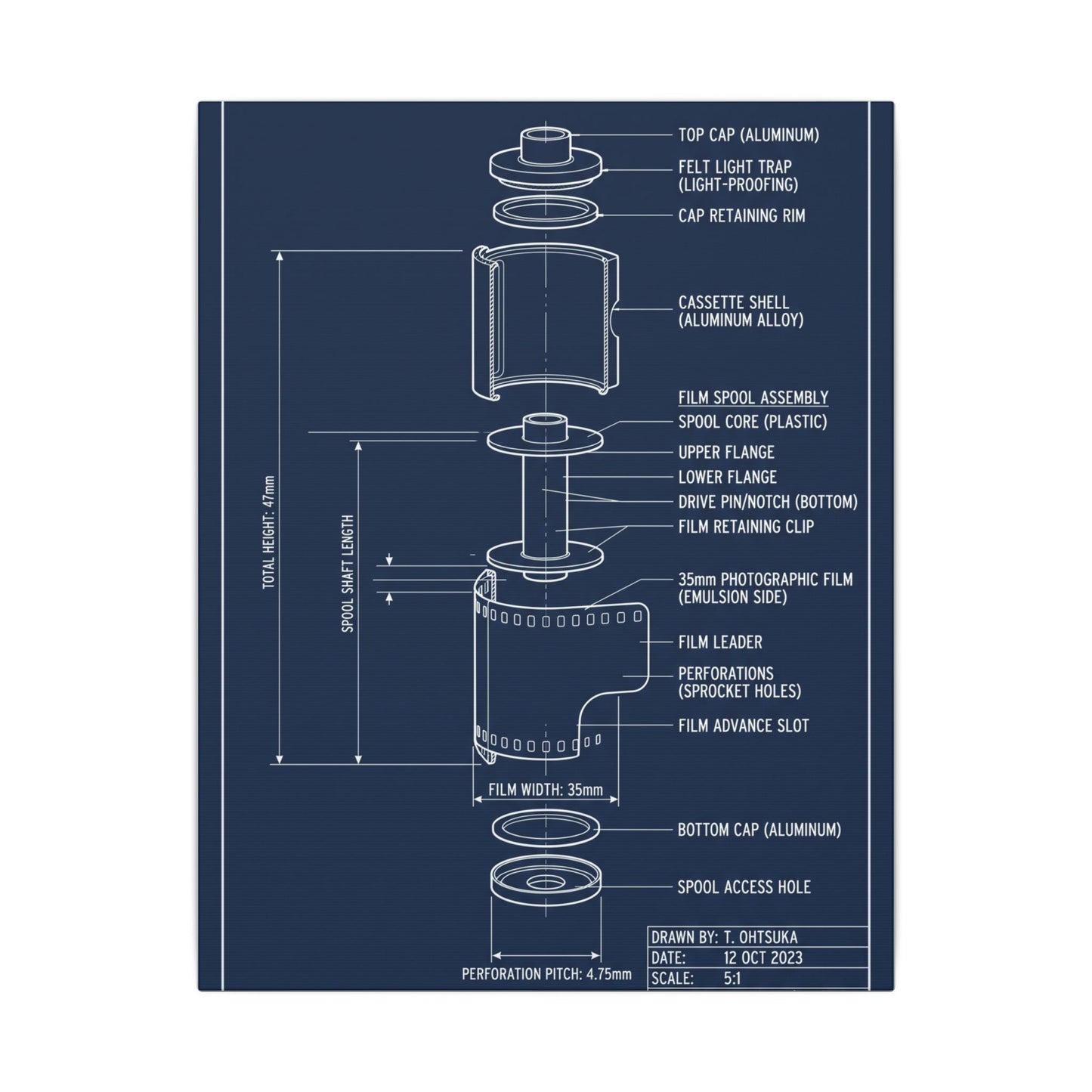 35mm Film Cassette Blueprint Canvas Wall Art