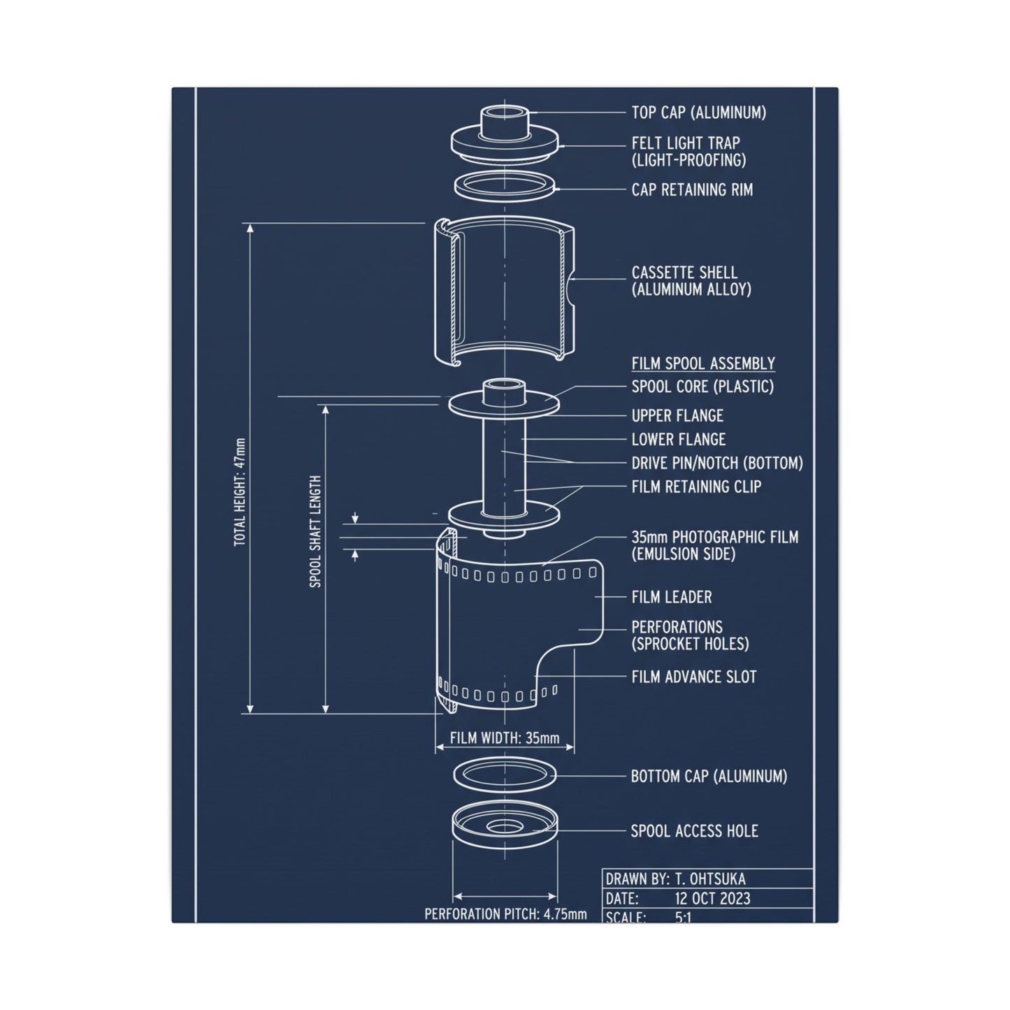 35mm Film Cassette Blueprint Canvas Wall Art