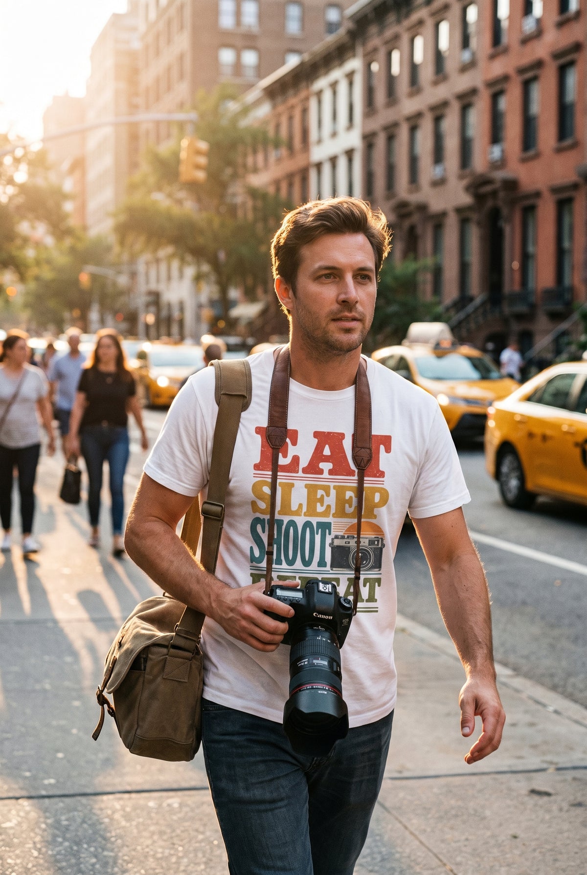 Eat Sleep Shoot Repeat tee worn on a city street, lifestyle