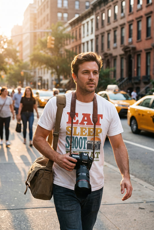 Eat Sleep Shoot Repeat tee worn on a city street, lifestyle