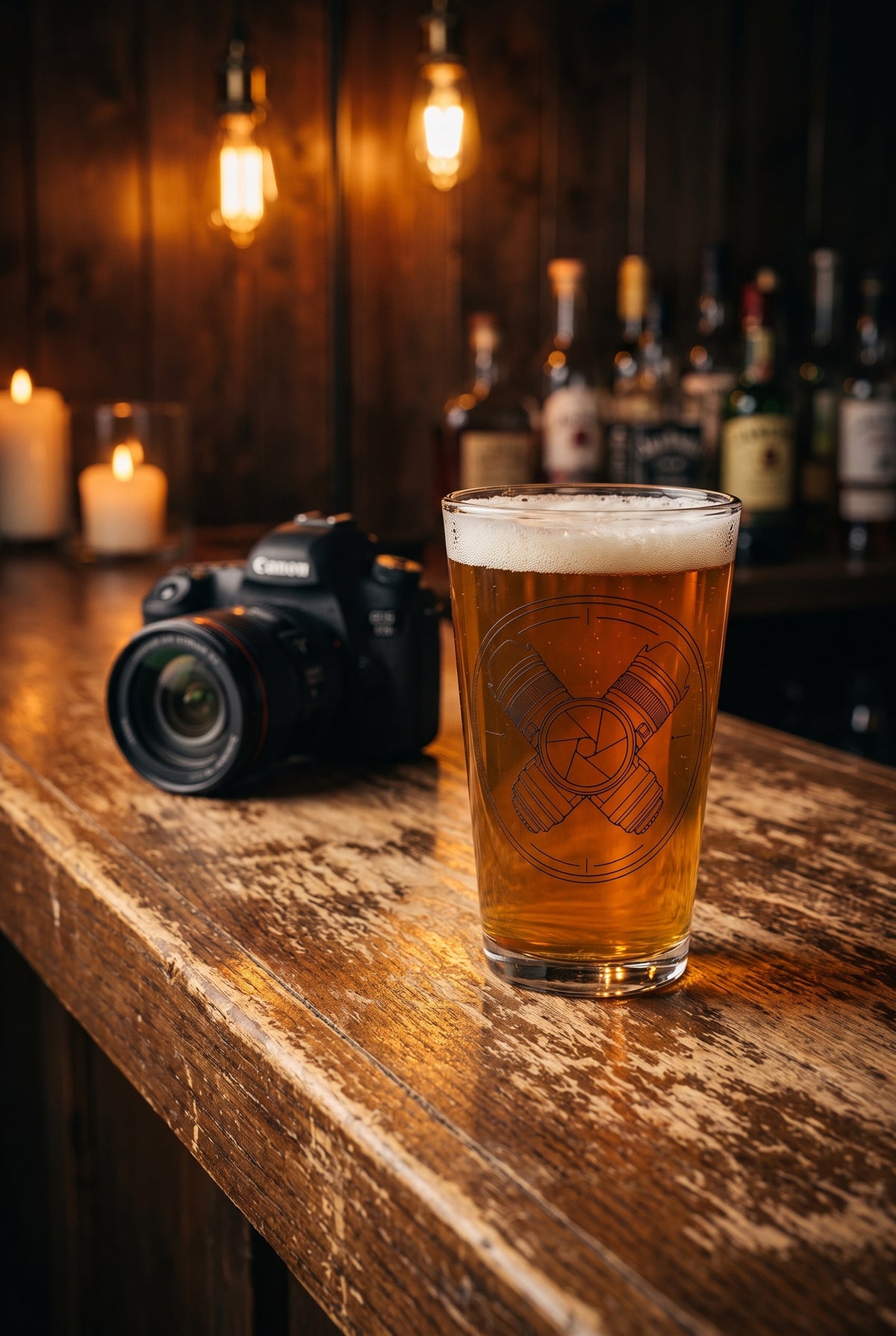 Photographer pint glass on a bar, lifestyle