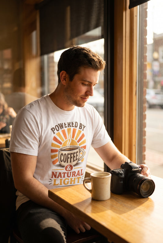 Powered by Coffee and Natural Light tee at a cafe, lifestyle