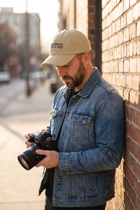 PHOTOG dad cap worn by a photographer, lifestyle