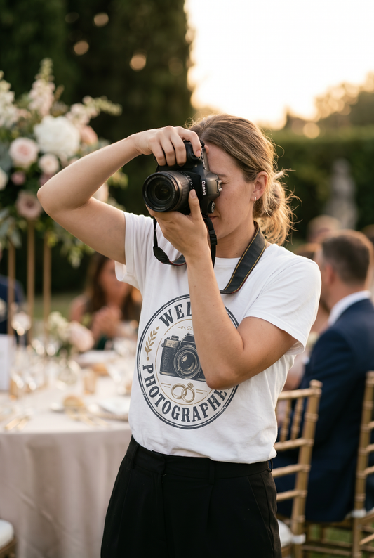Wedding Photographer Badge tee worn at a venue, lifestyle
