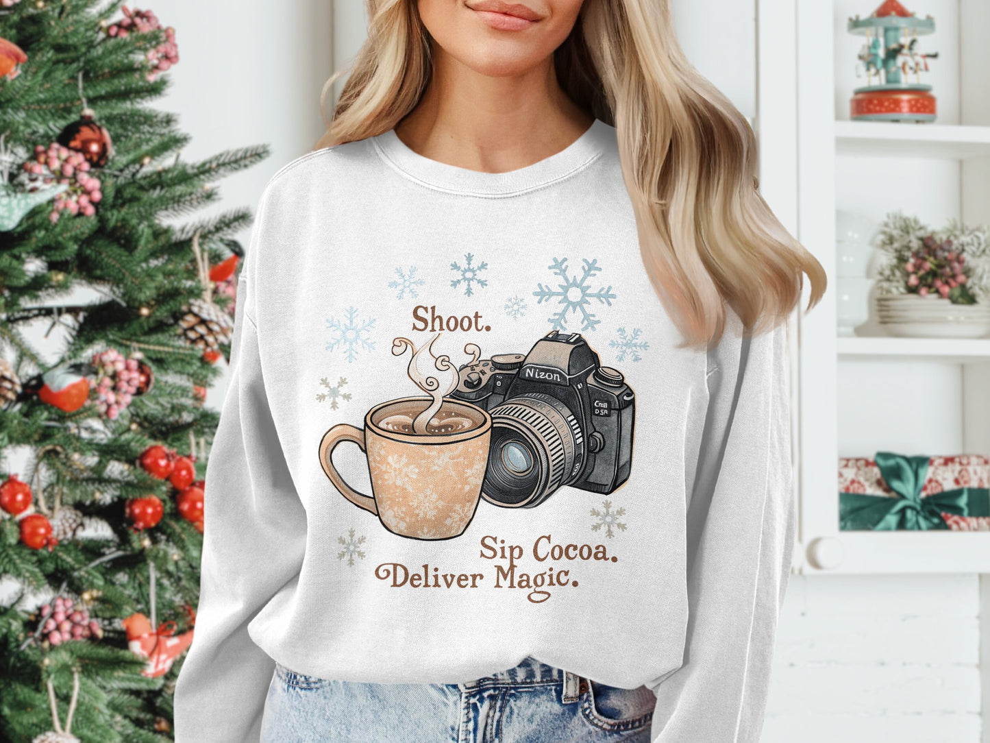 Shoot Sip Cocoa Deliver Magic Graphic Sweatshirt