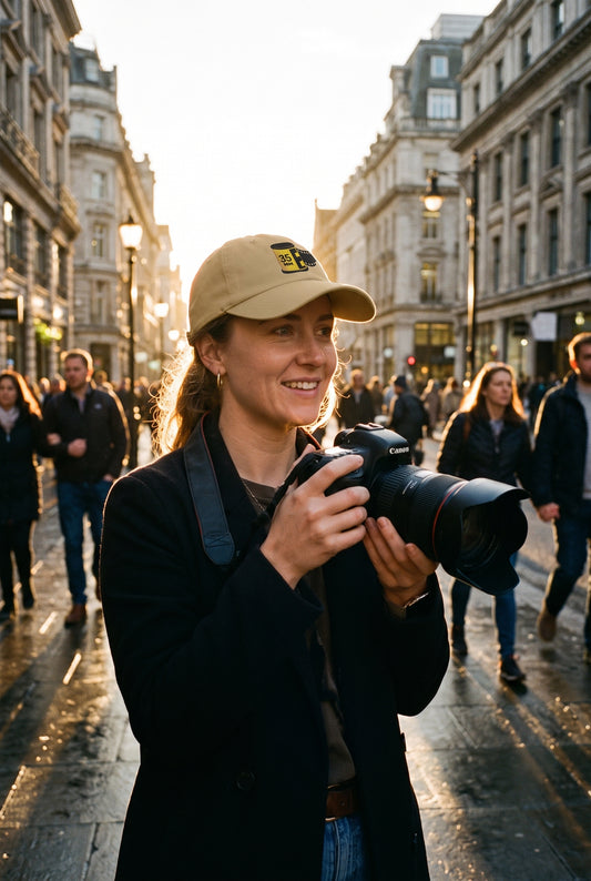 35mm Film Roll cap worn by a photographer, lifestyle