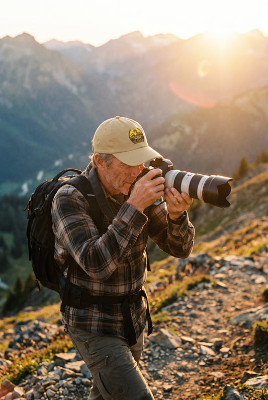 Mountain Camera Patch cap worn on a trail, lifestyle