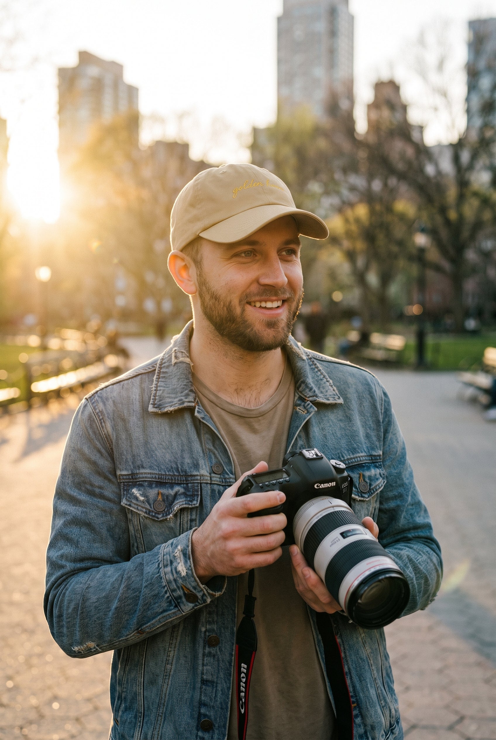 Golden Hour dad cap worn by a photographer, lifestyle