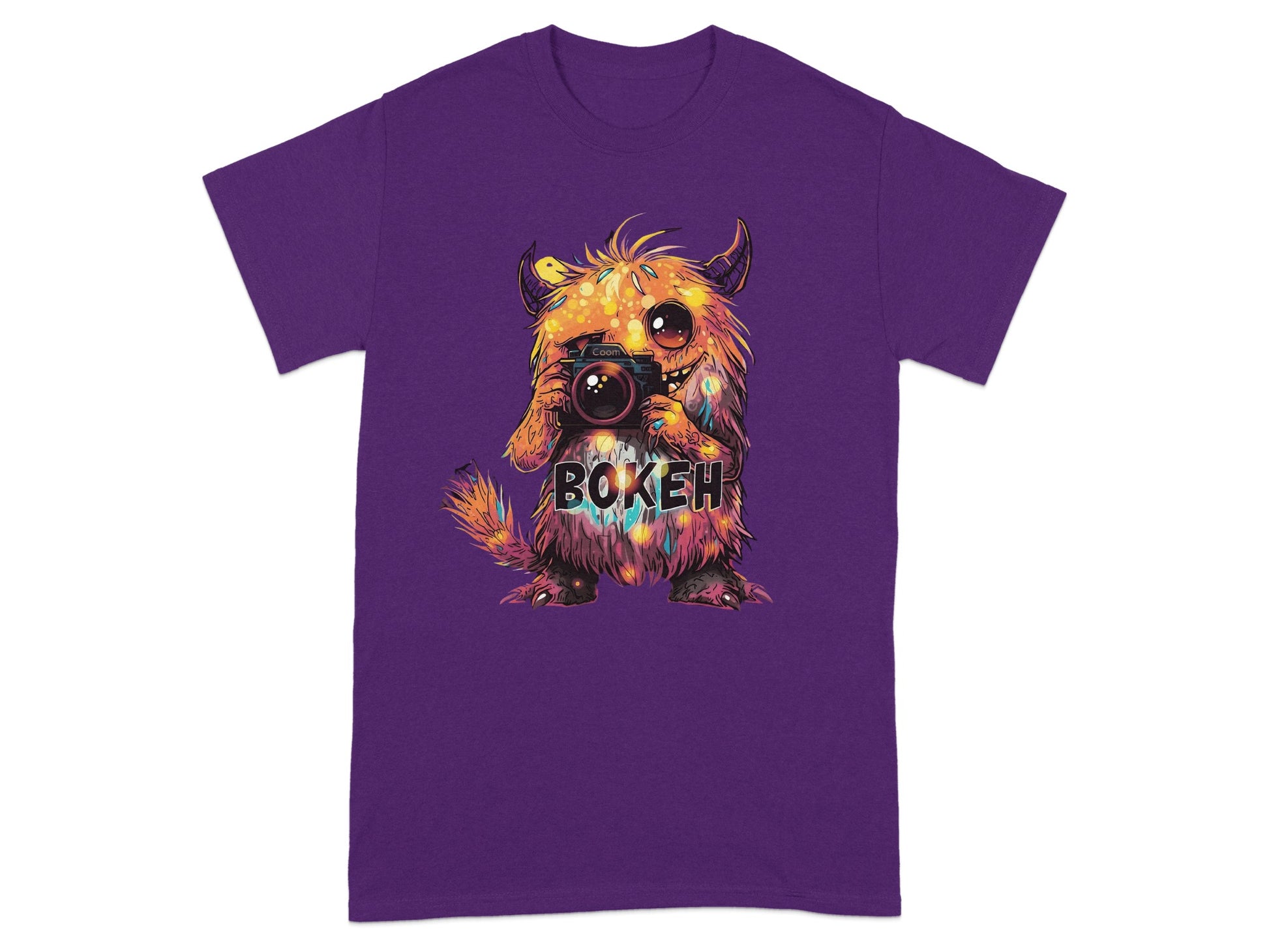 Bokeh Monster with Camera Purple Graphic Tee