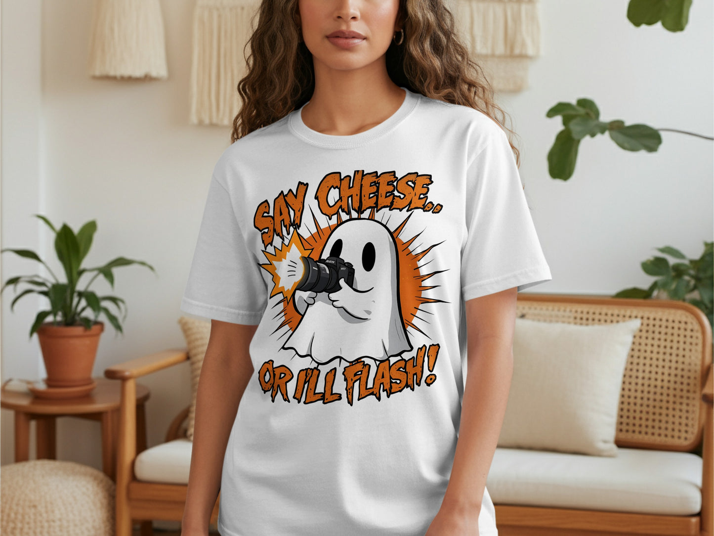 Say Cheese Or I'll Flash Ghost Graphic Design Shirt