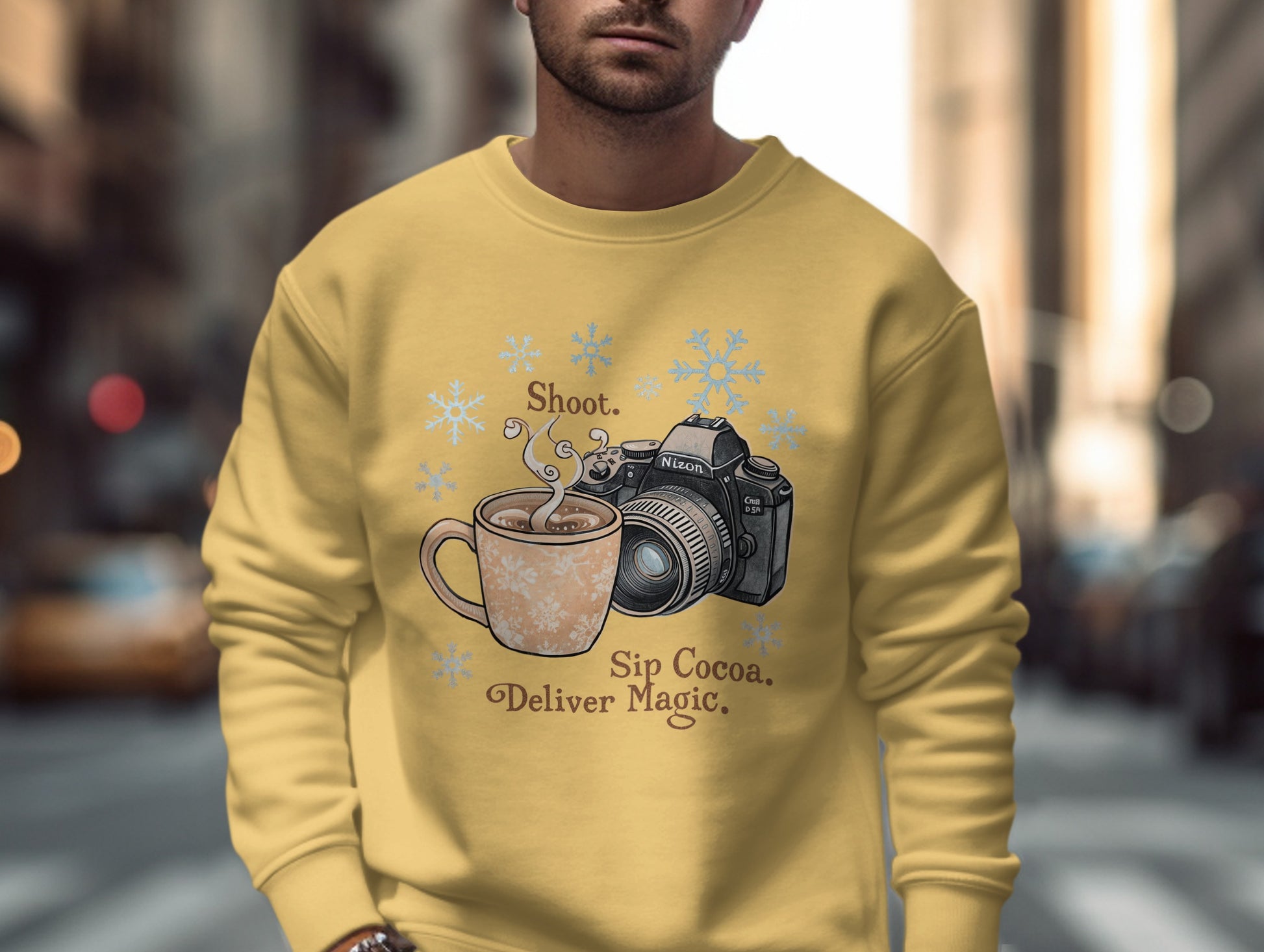 Shoot Sip Cocoa Deliver Magic Print Sweater