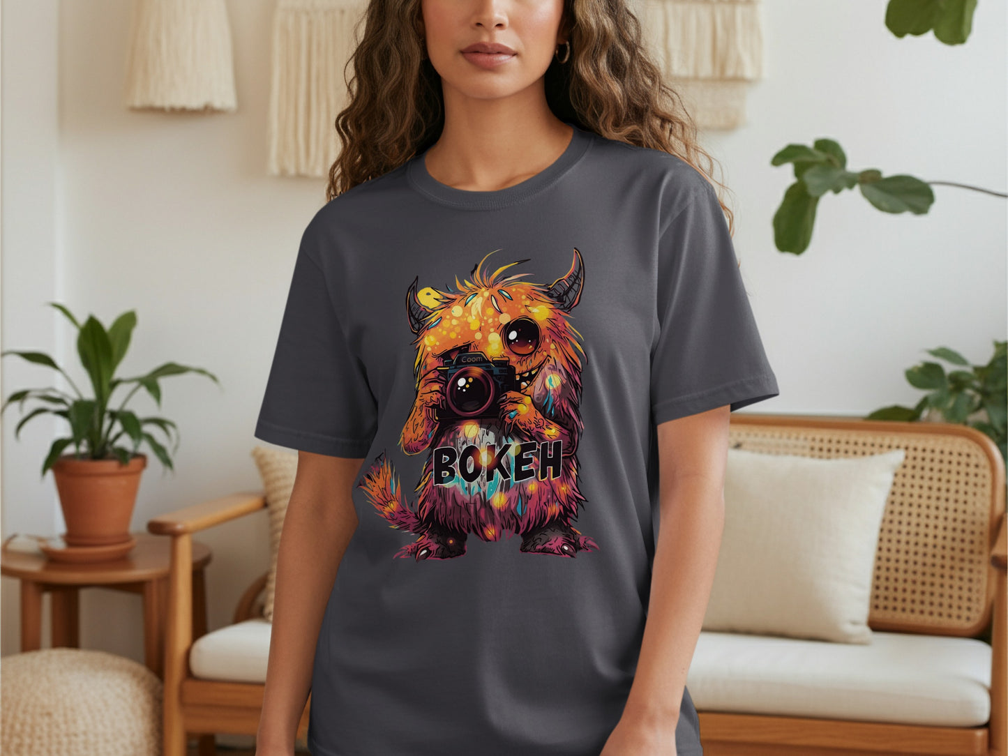 Colorful Bokeh Camera Monster Design Graphic Tee