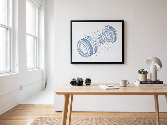 Camera Lens Blueprint canvas on a studio wall, lifestyle