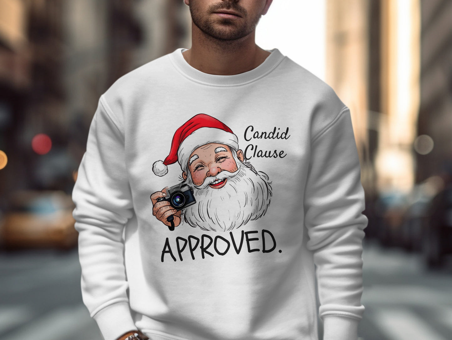 Candid Clause Approved Santa in Camera Crewneck Sweater