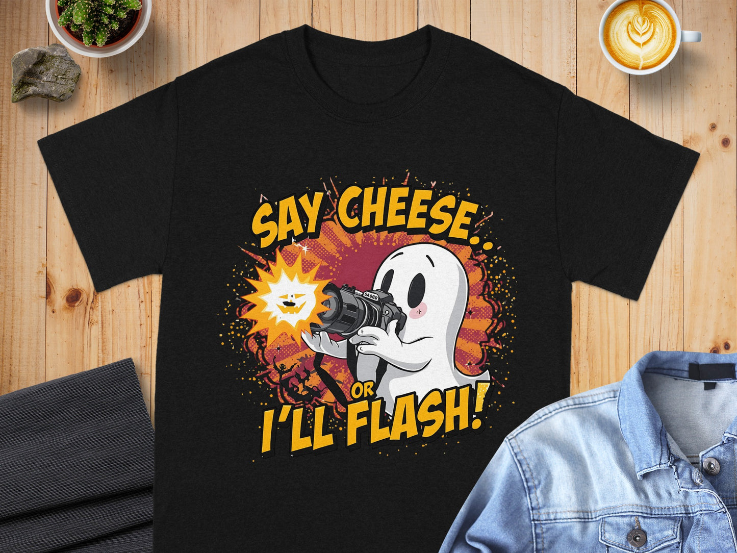 Say Cheese or I'll Flash Ghost Holding Camera T-shirt