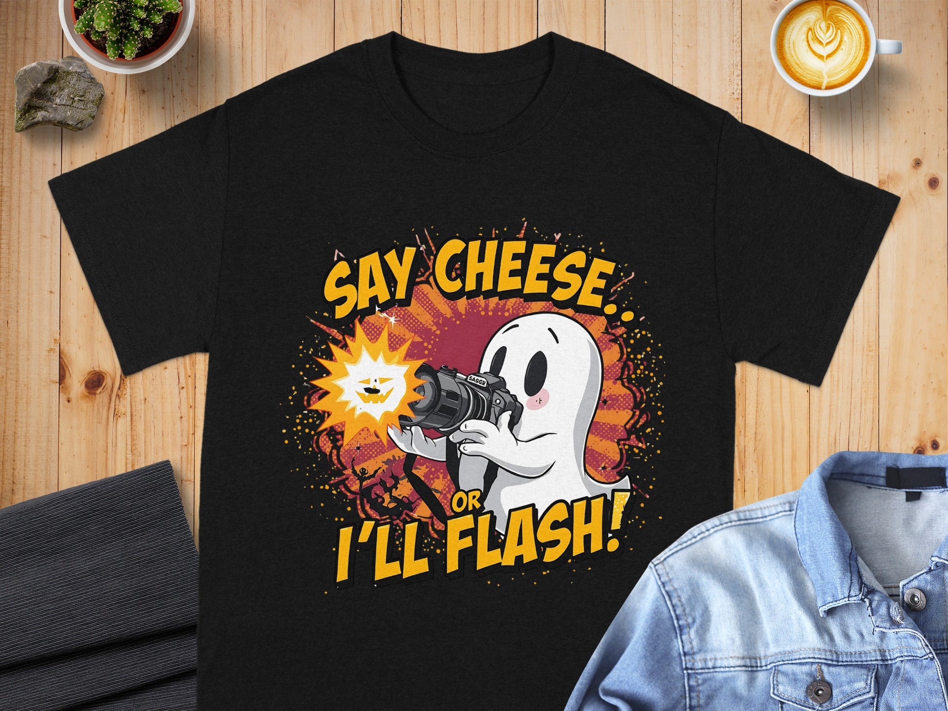 Say Cheese or I'll Flash Ghost Holding Camera T-shirt