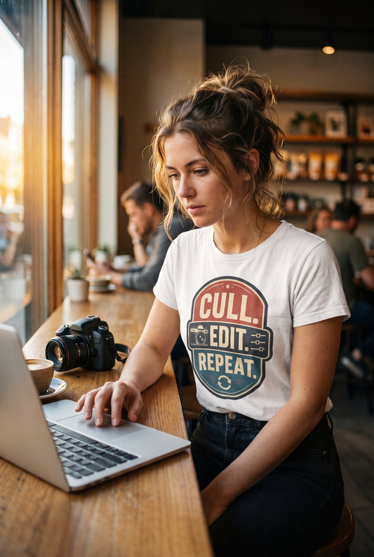 Cull Edit Repeat tee at a cafe, lifestyle