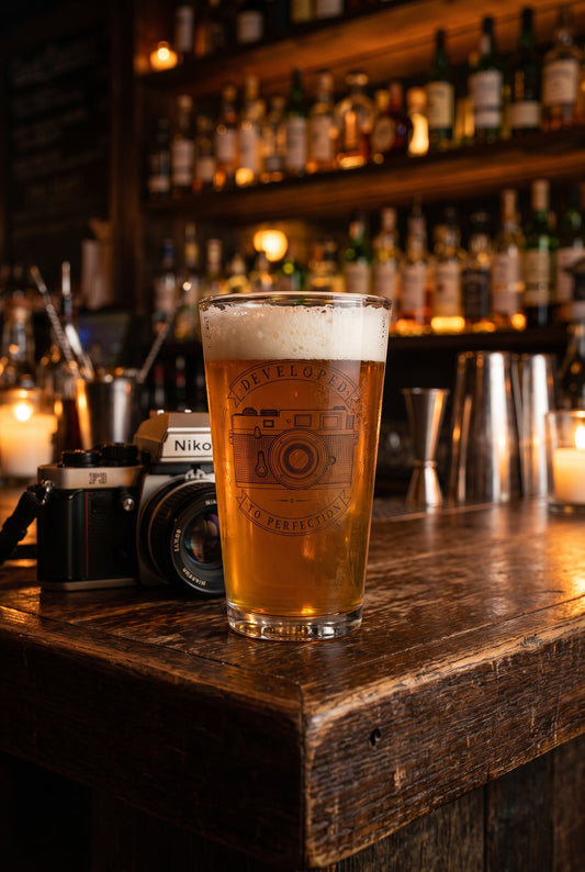 Developed to Perfection pint glass, lifestyle