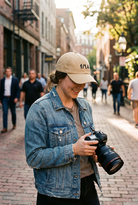 f/1.4 photographer cap worn by a photographer, lifestyle