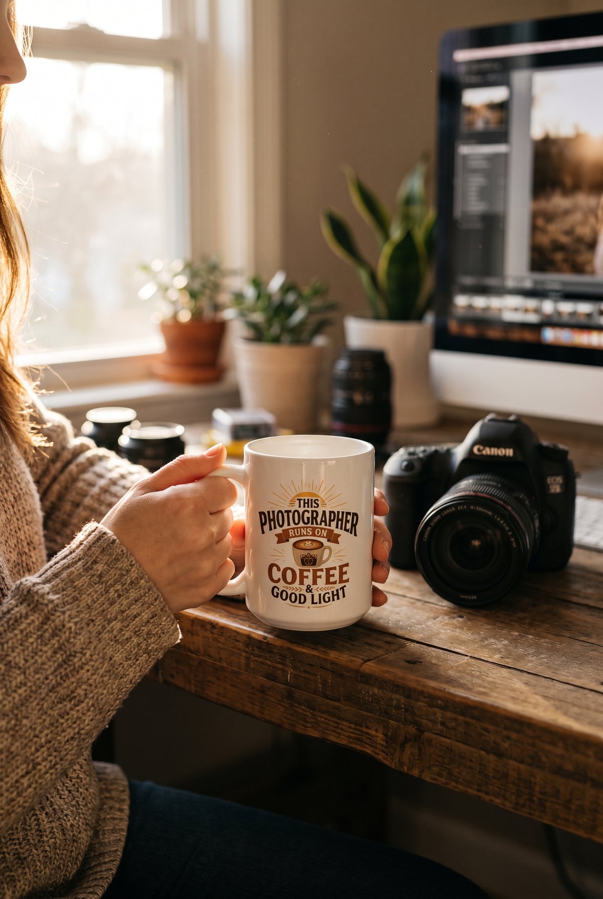 Coffee and Good Light mug held at a desk, lifestyle