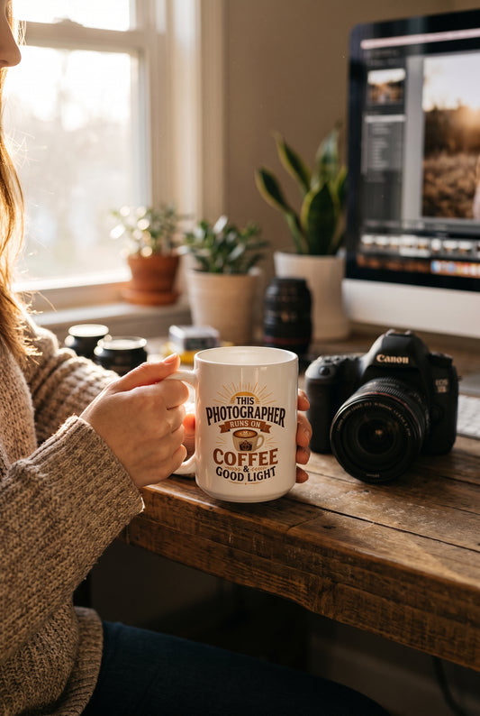 Coffee and Good Light mug held at a desk, lifestyle