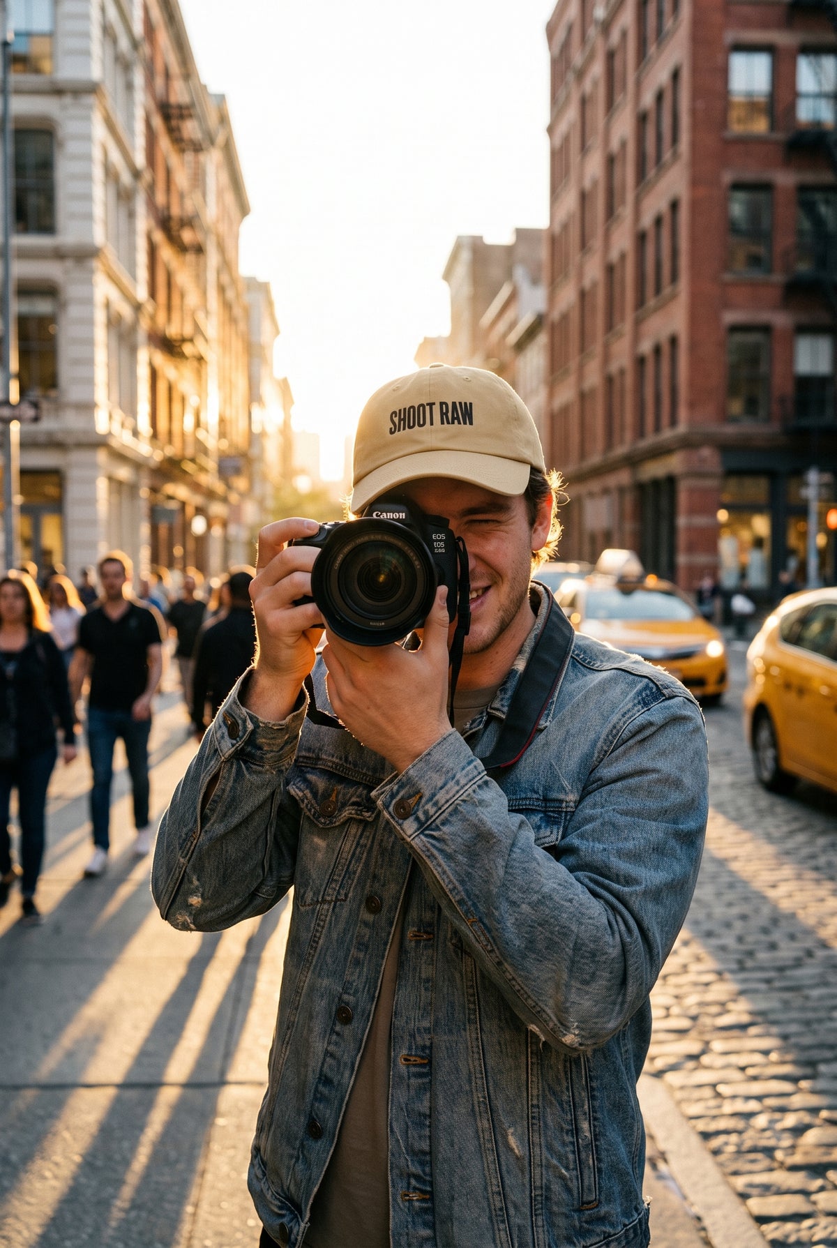 Shoot RAW dad cap worn by a photographer, lifestyle