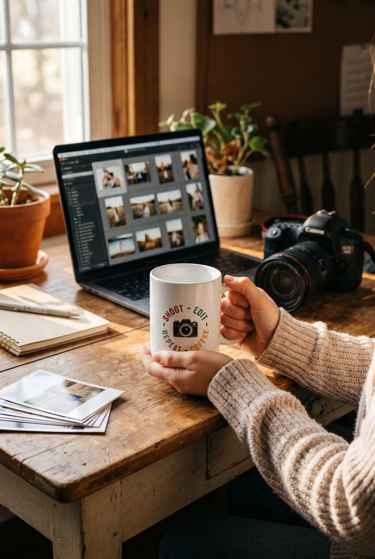 Shoot Edit Coffee Repeat mug at a desk, lifestyle