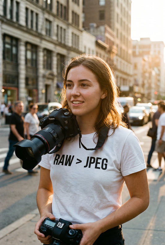 RAW greater than JPEG tee worn on a street, lifestyle