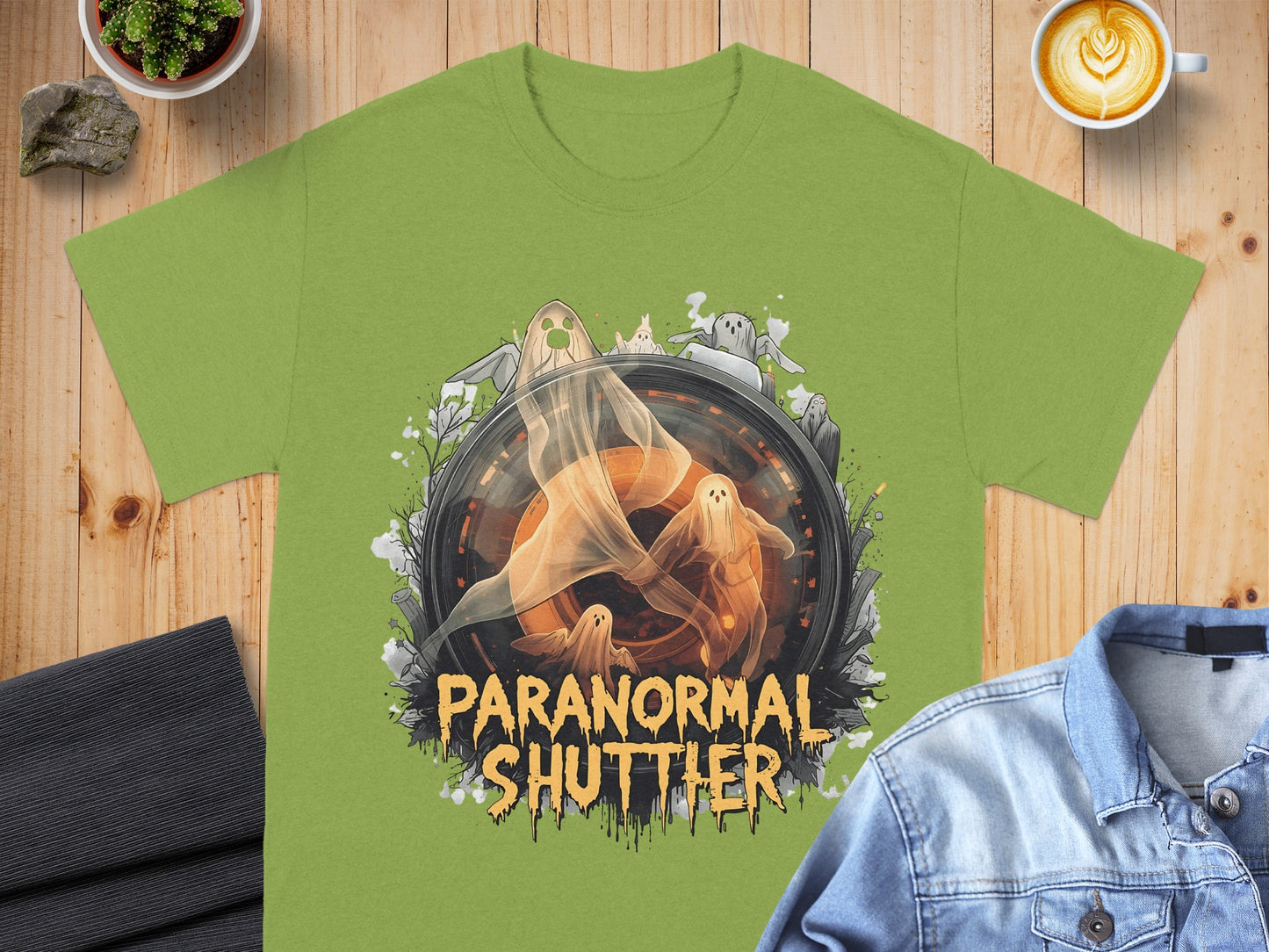 Paranormal Shutter Ghost Design on Green Shirt