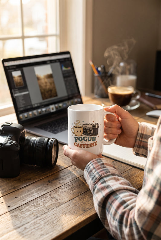 Focus and Caffeine mug held at a desk, lifestyle