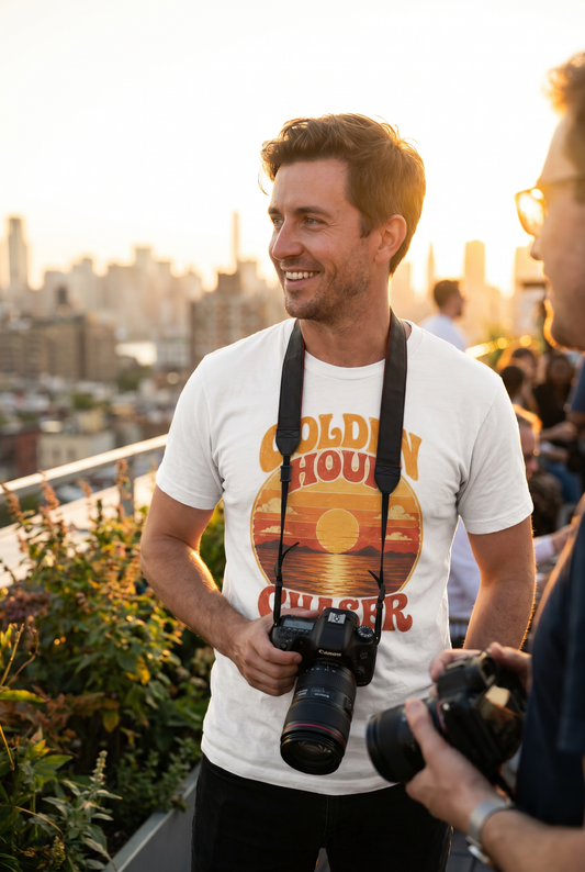 Golden Hour Chaser tee on a rooftop, lifestyle