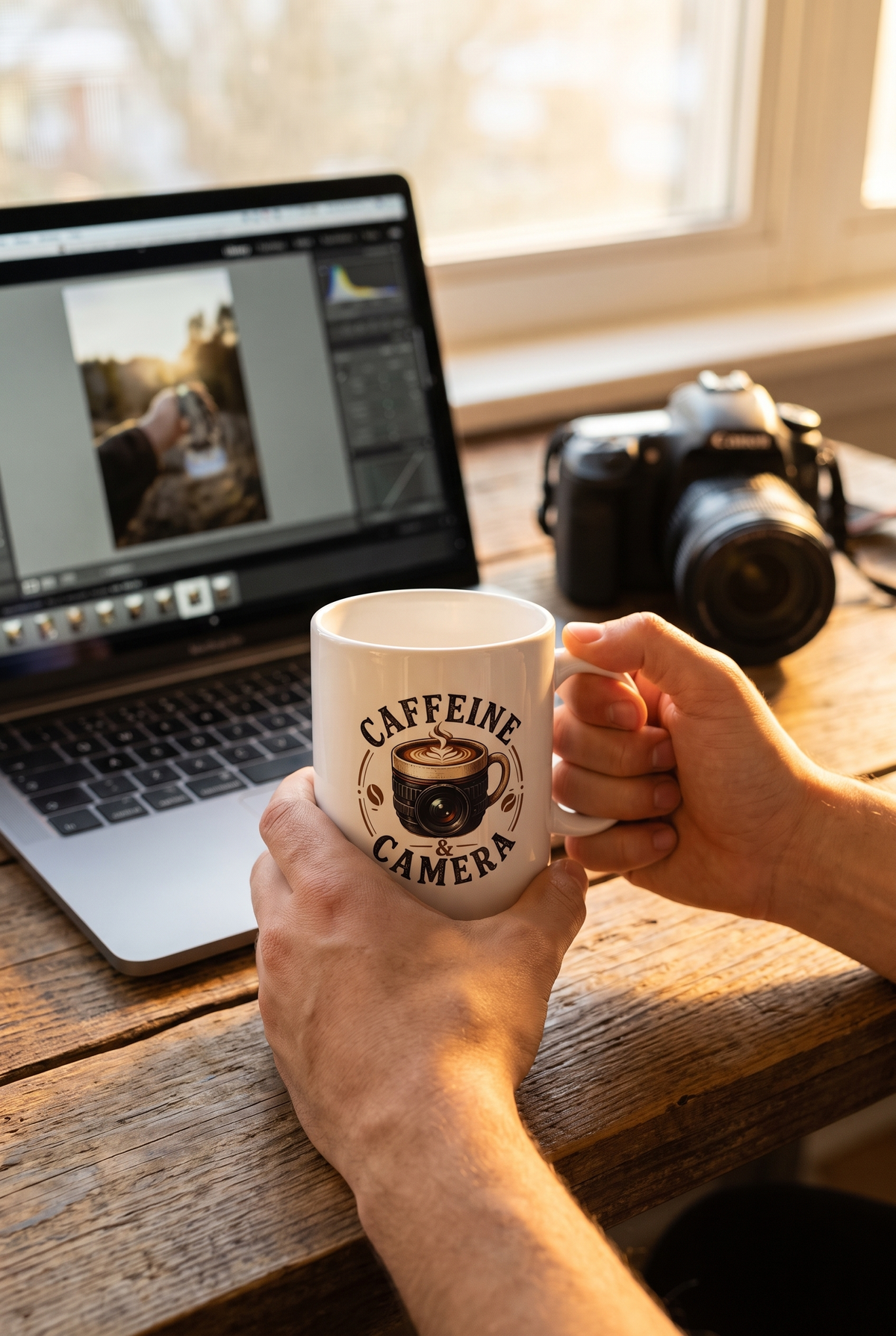 Caffeine and Camera mug held at an editing desk, lifestyle