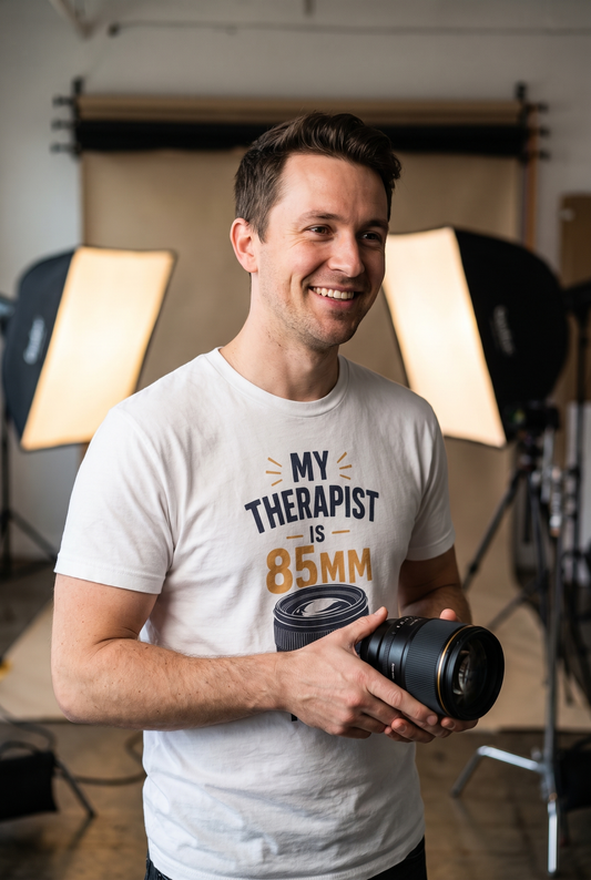 My Therapist is 85mm f1.4 tee in a studio, lifestyle