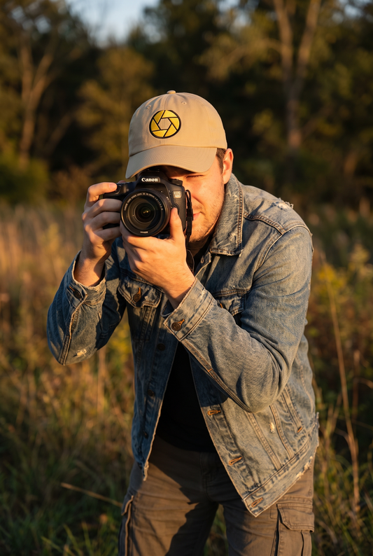 Camera Aperture dad cap worn by a photographer, lifestyle