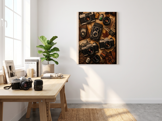 Vintage Camera Flat-Lay canvas on a studio wall, lifestyle
