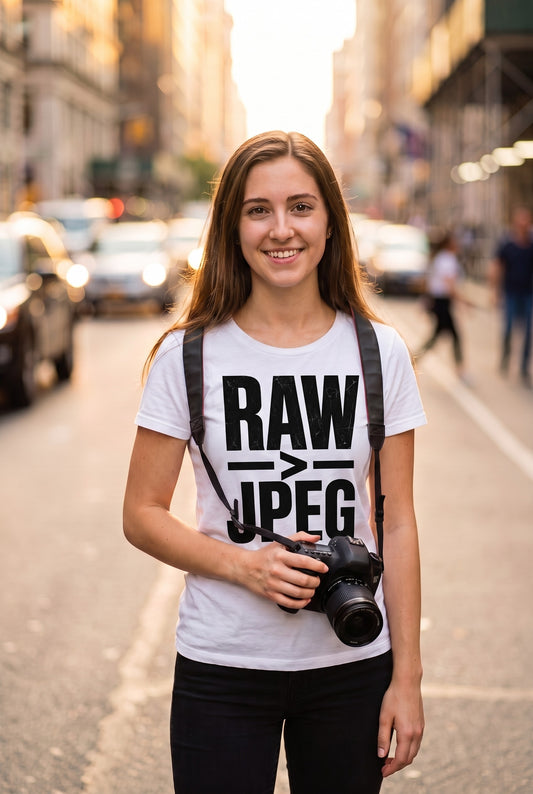 Photographer on a golden-hour city street wearing the RAW > JPEG tee, camera in hand
